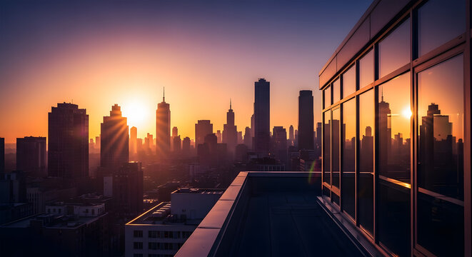 City Skyline Sunrise Rooftop View