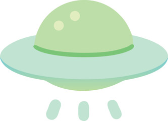 A simple illustration of a pastel green UFO with a dome-shaped top and glowing beams underneath, set against a plain white background.