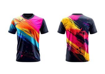 Men's sports t-shirt mockup with a vibrant abstract paint splash design. Front and back view isolated on a white background for apparel branding