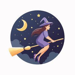 Flat vector design of a witch flying on a broomstick across a simple night sky, stars and crescent moon, clean style, no gradients or shadows, smooth shapes
