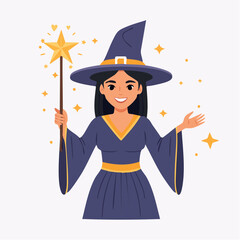 Clean vector illustration of a young witch holding a magic wand, wearing a pointy hat and robe, flat colors, no shadows, minimalist background, detailed line work