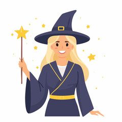 Clean vector illustration of a young witch holding a magic wand, wearing a pointy hat and robe, flat colors, no shadows, minimalist background, detailed line work