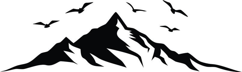 Silhouette of a mountain range with multiple peaks and birds flying overhead against a white background, conveying a sense of freedom and tranquility.