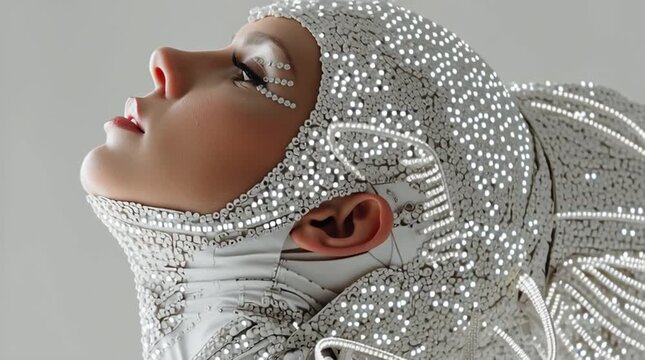 Profile view of a woman in a futuristic silver sequin costume with elaborate headpiece and eye gems
