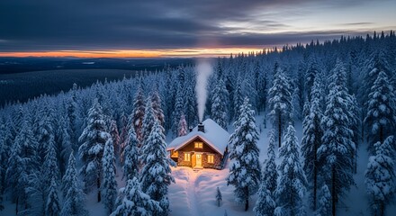 Cozy cabin glows amidst a snow-covered forest at dusk, smoke rising from the chimney.