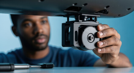 Focused technician adjusts precision camera gimbal stabilizer for smooth video capture hands carefully calibrate mechanism for optimal movement control in professional filming setup