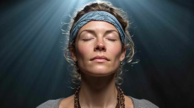 Woman with eyes closed wearing a patterned headband and necklace in front of a dark background