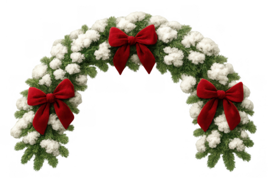 Christmas garland arch decorating with snow and red bows, creating festive holiday seasonal celebration