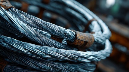 Close-up of Bundled Metal Cables with Rusty Clamps Industrial Detail