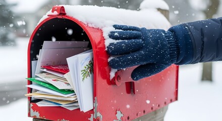 A gloved hand reaches into a red mailbox overflowing with mail during a snowy winter season.