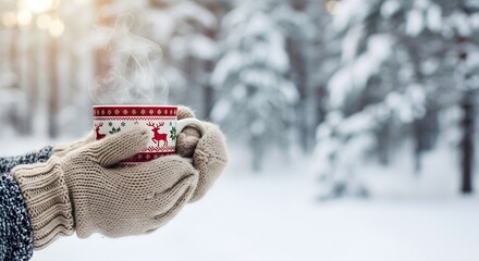 Hands in mittens holding a festive mug with steam rising in a snowy winter forest.