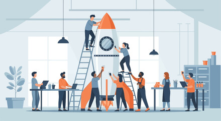 Innovative team collaborating on startup rocket launch for business growth and success