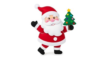 A cartoon santa claus holding a christmas tree isolated on a white background in a studio shot