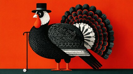 3D cute cartoon turkey gentleman swings golf club, black top hat on solid orange backdrop, low-poly clean style, full-body pose on golf-green block, ideal for Thanksgiving kids event poster, children 