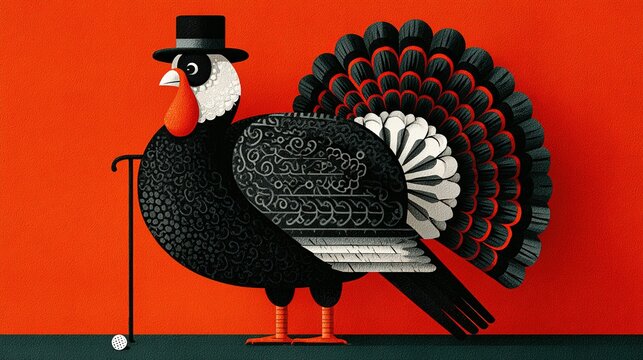 3D cute cartoon turkey gentleman swings golf club, black top hat on solid orange backdrop, low-poly clean style, full-body pose on golf-green block, ideal for Thanksgiving kids event poster, children 