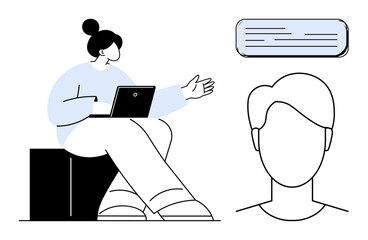 Woman with laptop in casual discussion gesture, chat bubble, abstract face outline. Ideal for communication, teamwork, education, remote work, consultation brainstorming online interaction. Simple