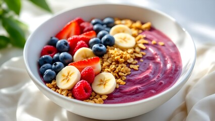 Healthy acai smoothie bowl topped with fresh berries, banana slices, and crunchy granola.