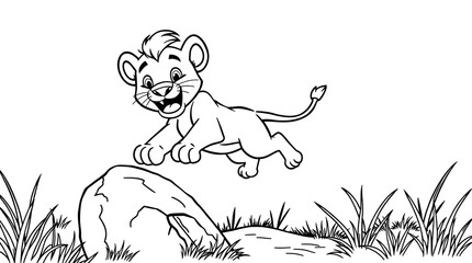 Cute lion coloring pages for kids. Black and white cartoon illustrations of smiling lions, perfect for kids' coloring and preschool activities.