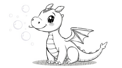 Cute baby dragon coloring page for kids. Black and white cartoon illustration with wings and scales, perfect for preschool fantasy fun and printable art activities
