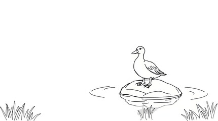Simple duck coloring page for kids. Cute cartoon bird standing on a rock in the pond. Perfect black and white printable for children&rsquo;s learning and fun art activity.