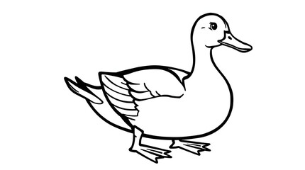 Simple duck coloring page for kids. Cute cartoon bird standing on a rock in the pond. Perfect black and white printable for children&rsquo;s learning and fun art activity.