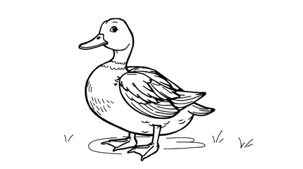 Simple duck coloring page for kids. Cute cartoon bird standing on a rock in the pond. Perfect black and white printable for children&rsquo;s learning and fun art activity.