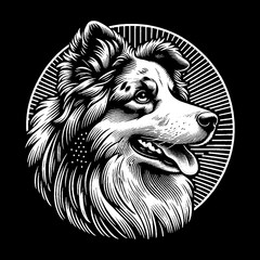 Artistic dog portrait with a radiant circular background black and white illustration.