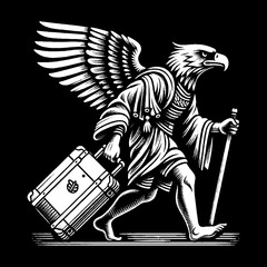 Eagle Humanoid Carrying Suitcase and Walking with Cane.