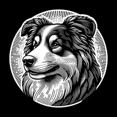 Artistic dog portrait in a circular frame black and white illustration.