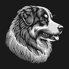 Detailed Engraved Portrait of a Majestic Dog on Black Background.