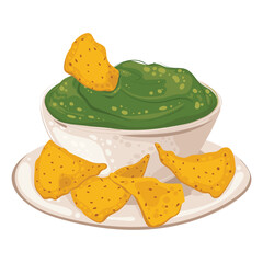 Nachos with spicy avocado, guacamole sauce in bowl. Quick crispy snack of traditional Mexican cuisine. Vector image for packaging snacks, fast food, menu, decor, design and banners.