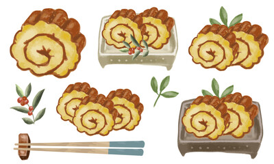正月料理の定番　伊達巻のカットと箸・南天の葉の水彩イラスト