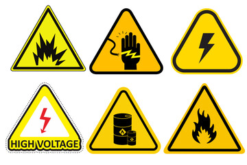 Set of six yellow warning signs indicating danger, including electrical hazards, high voltage, explosion risk, and flammable materials