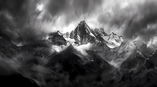 dramatic storm clouds over monochrome alpine peaks