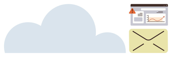 Cloud, envelope, and data analytics window with alert convey security, data sharing, and communication themes. Ideal for cloud technology, cybersecurity, email systems, analytics web alerts data