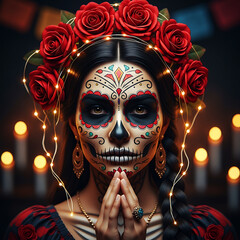 A woman with a day of the dead makeup and flower crown