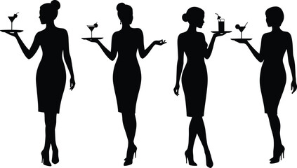 Elegant waitress silhouette women serving cocktails, hospitality service staff holding tray with drinks, stylish hostess figure, catering event, bar lounge, restaurant party illustration design