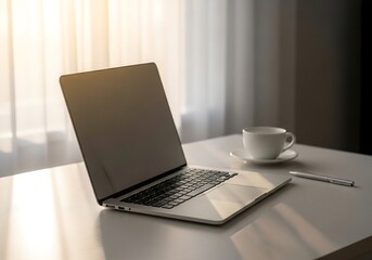 Fototapeta premium Silver laptop on wooden desk with morning light, minimal workspace setup with cup and pen, lifestyle photography for modern productivity and home office branding