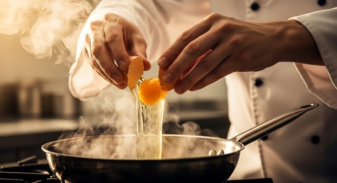 Chef cracking egg into sizzling pan, cinematic backlight, food photography for professional cooking and editorial branding