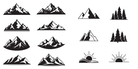 Fototapeta premium Minimalist Nature Landscape Vector Icons: Mountains, Trees, and Sunrise