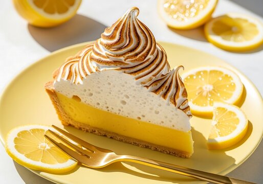 Lemon meringue pie slice with gold fork and bright daylight, cheerful dessert photography for ads