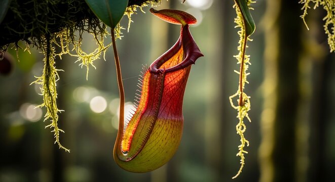 Rare nepenthes hamata pitcher plant hanging from mossy branch, morning forest light, macro nature photography for botanical research and conservation visuals