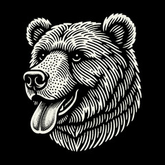 Detailed Bear Head Illustration on Black Background.