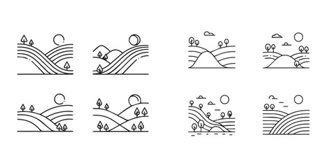 Minimal Outline Landscape Icons Countryside Fields Hills Vector Set