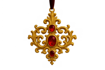 Ornate gold pendant with red gemstones, baroque style jewelry, luxurious accessory, vintage design, transparent background