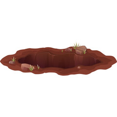 A Realistic Pixel Art Rendering Of An Open Ground Pit Filled With Dark Red Soil And Small Rocks And Green Grass Sprouts With A Transparent Background