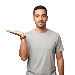 Fototapeta premium Young in Grey T-Shirt Presenting with Open Hand, Looking at Camera with Friendly Expression, Isolated on transparent background. PNG Without Background