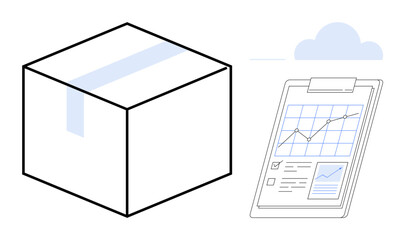 Cardboard box with tape and clipboard displaying data graphs, checklists, and analytics. Ideal for logistics, shipping, e-commerce, inventory, tracking planning efficiency. Simple flat metaphor