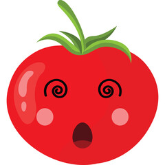 A red cartoon tomato with green leaves and a surprised expression with swirly eyes and rosy cheeks on a transparent background