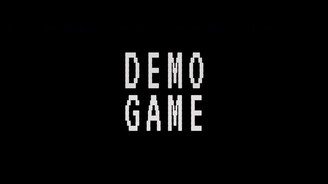 A pixelated retro demo game title flashes on a black screen with an 8-bit style.. 4K video text animation for vintage arcade game.